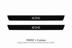 Matte PRO EQE design illustration: two front plates, black painted body with white top lettering and unlit edges. Dimensions selected for the vehicle; not to scale.