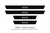 Matte PRO EQE design illustration: two front and two rear plates, black painted body with white top lettering and unlit edges. Dimensions selected for the vehicle; not to scale.