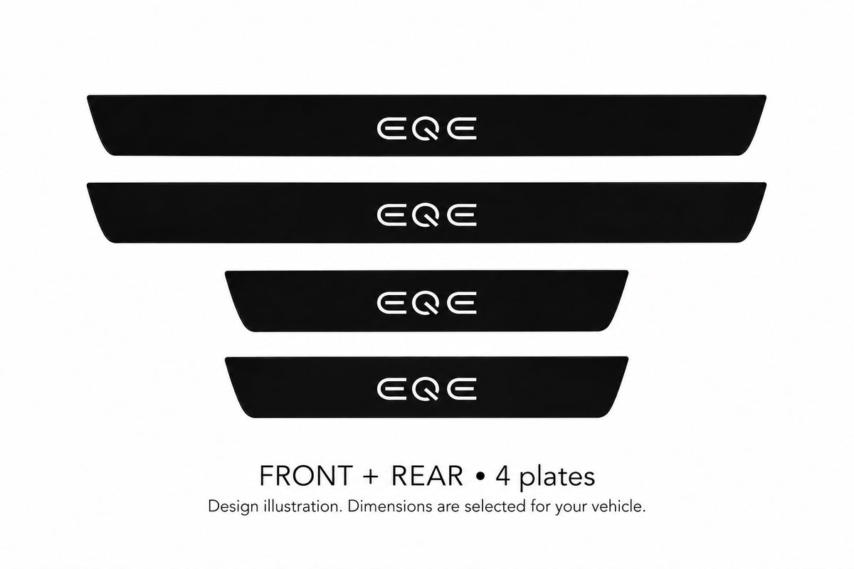 Matte PRO EQE design illustration: two front and two rear plates, black painted body with white top lettering and unlit edges. Dimensions selected for the vehicle; not to scale.