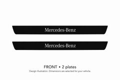 Matte PRO Mercedes-Benz design illustration: two front plates, black painted body with white top lettering and unlit edges. Dimensions selected for the vehicle; not to scale.