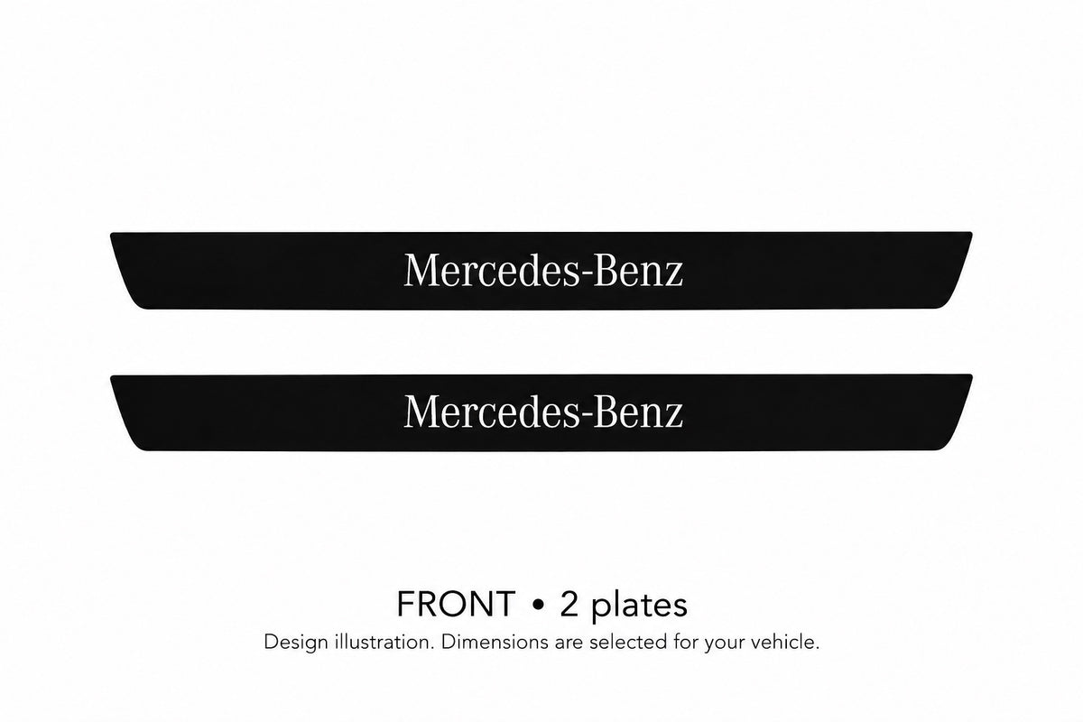 Matte PRO Mercedes-Benz design illustration: two front plates, black painted body with white top lettering and unlit edges. Dimensions selected for the vehicle; not to scale.