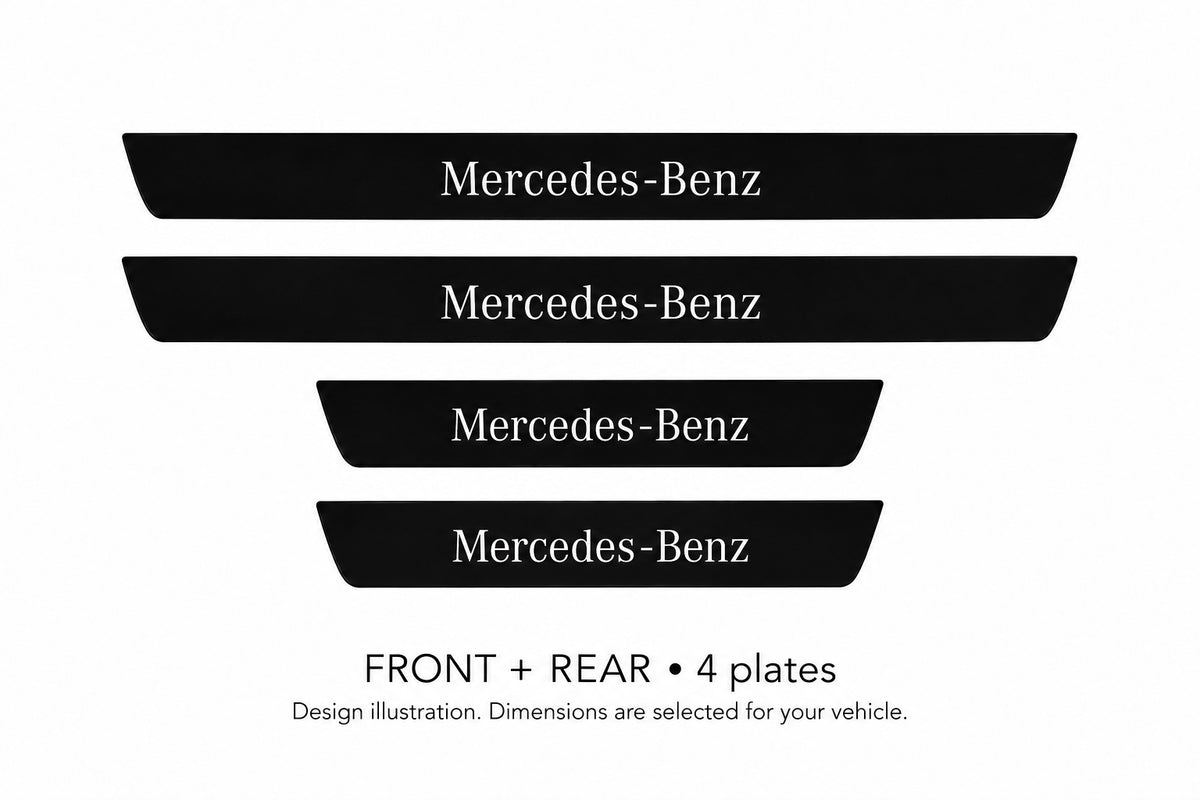 Matte PRO Mercedes-Benz design illustration: two front and two rear plates, black painted body with white top lettering and unlit edges. Dimensions selected for the vehicle; not to scale.