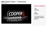 Mini Cooper S Type 1 dimensions: 150 × 60 mm; overall depth including mounting hardware: 52 mm