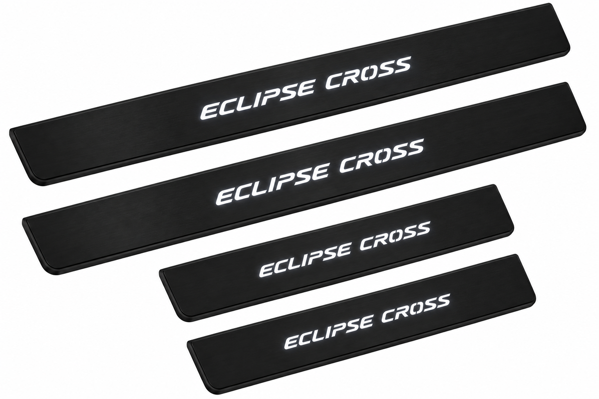 Catalogue illustration of two long front and two short rear black Matte PRO sill plates with italic illuminated ECLIPSE CROSS lettering only on the top; opaque unlit side edges. Final dimensions selected for original Mitsubishi Eclipse Cross GK during manufacture.