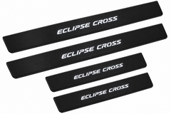 Catalogue illustration of two long front and two short rear black Matte PRO sill plates with italic illuminated ECLIPSE CROSS lettering only on the top; opaque unlit side edges. Final dimensions selected for original Mitsubishi Eclipse Cross GK during manufacture.