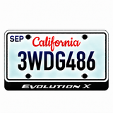 Mitsubishi Evolution X illuminated LED license plate badge with the shown artwork below an illustrative US plate; plate not included