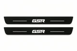 Catalogue illustration of two front black Matte PRO LED door sill plates with illuminated GSR lettering for Mitsubishi Lancer Evolution X; dimensions are selected during manufacture.
