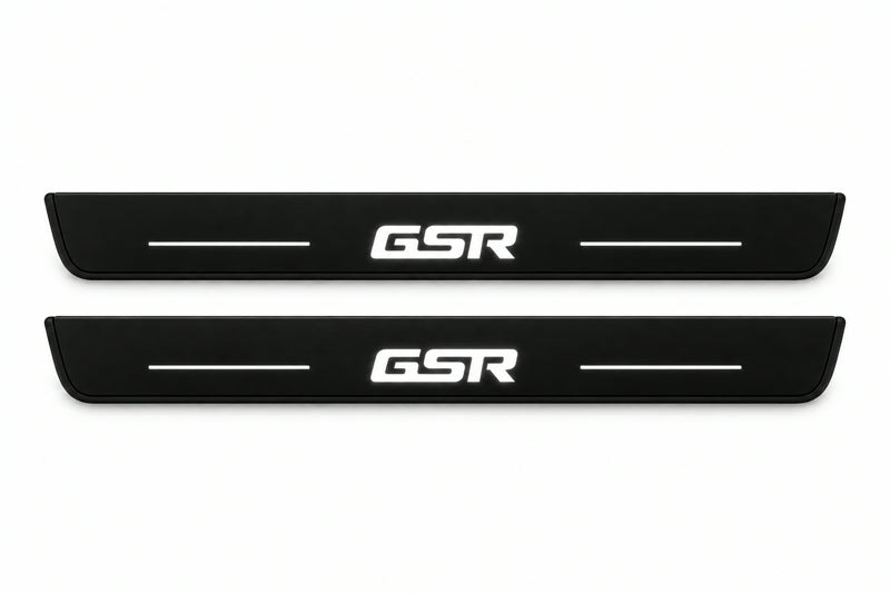 Catalogue illustration of two front black Matte PRO LED door sill plates with illuminated GSR lettering for Mitsubishi Lancer Evolution X; dimensions are selected during manufacture.
