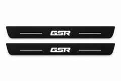 Catalogue illustration of two front black Matte PRO LED door sill plates with illuminated GSR lettering for Mitsubishi Lancer Evolution X; dimensions are selected during manufacture.