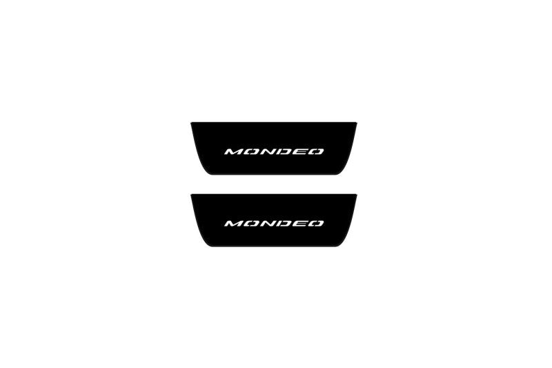 matte black coated stainless steel illuminated door sill protectors with Ford Mondeo V 2014+ with Mondeo logo