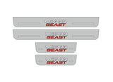 Catalog illustration of four gray door sill plates with white Mopar lettering stacked over red Beast lettering on a white background.