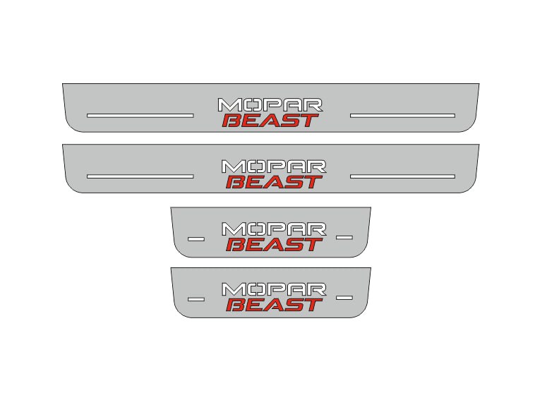 Catalog illustration of four gray door sill plates with white Mopar lettering stacked over red Beast lettering on a white background.