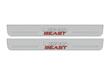 Catalog illustration of two long gray door sill plates with white Mopar lettering stacked over red Beast lettering on a white background.