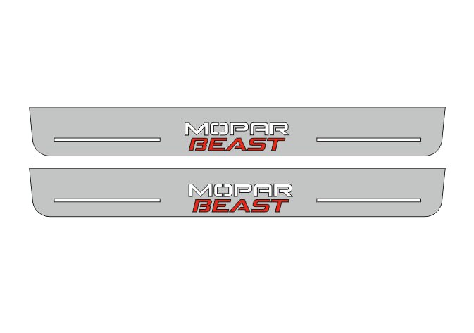 Catalog illustration of two long gray door sill plates with white Mopar lettering stacked over red Beast lettering on a white background.