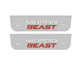 Catalog illustration of two short gray door sill plates with white Mopar lettering stacked over red Beast lettering on a white background.