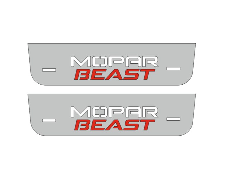 Catalog illustration of two short gray door sill plates with white Mopar lettering stacked over red Beast lettering on a white background.