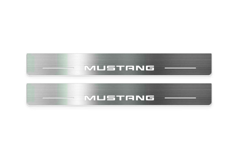 Ford Mustang VII S650 2023+ door sill plates in stainless steel with Mustang logo