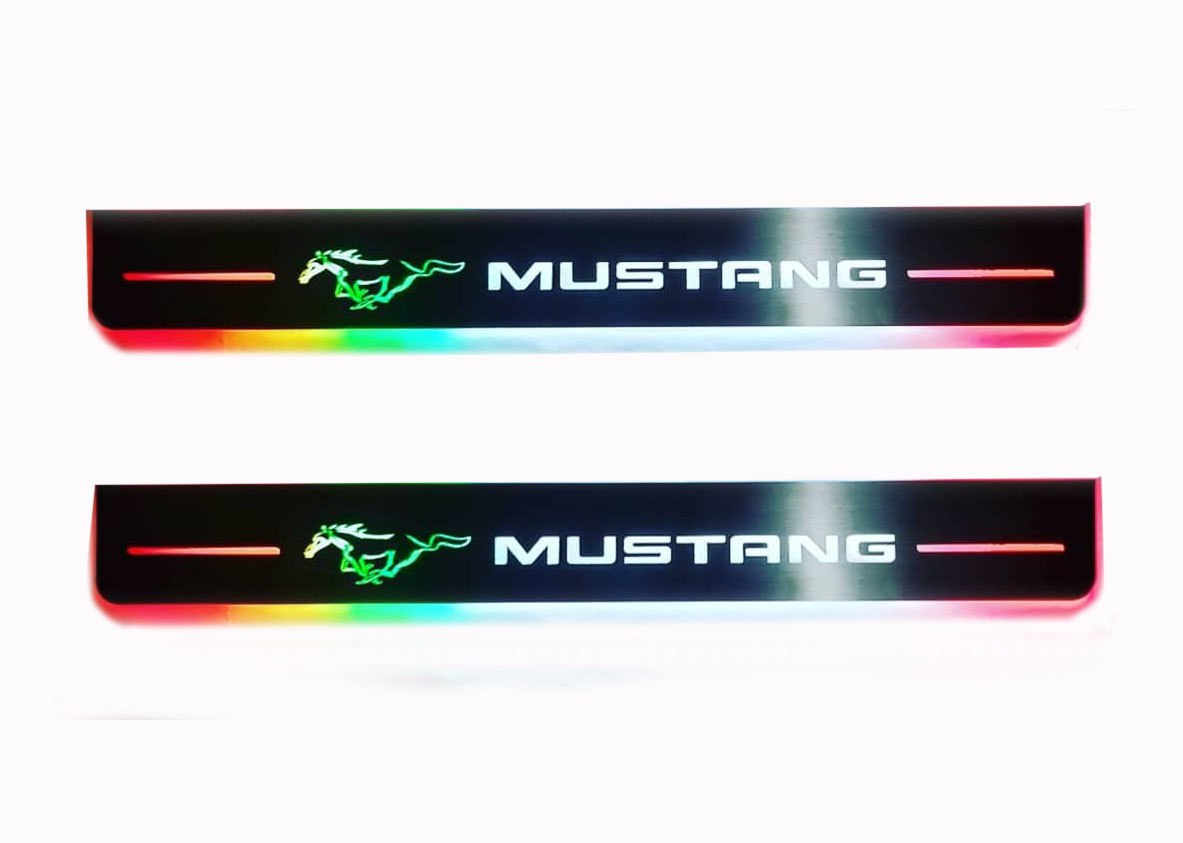 Ford Mustang V S197 2005+ stainless steel LED door sill plates with Mustang logo