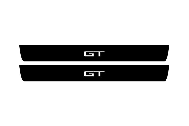 Ford Mustang VI S550 2015+ illuminated door sill protectors in stainless steel with GT logo