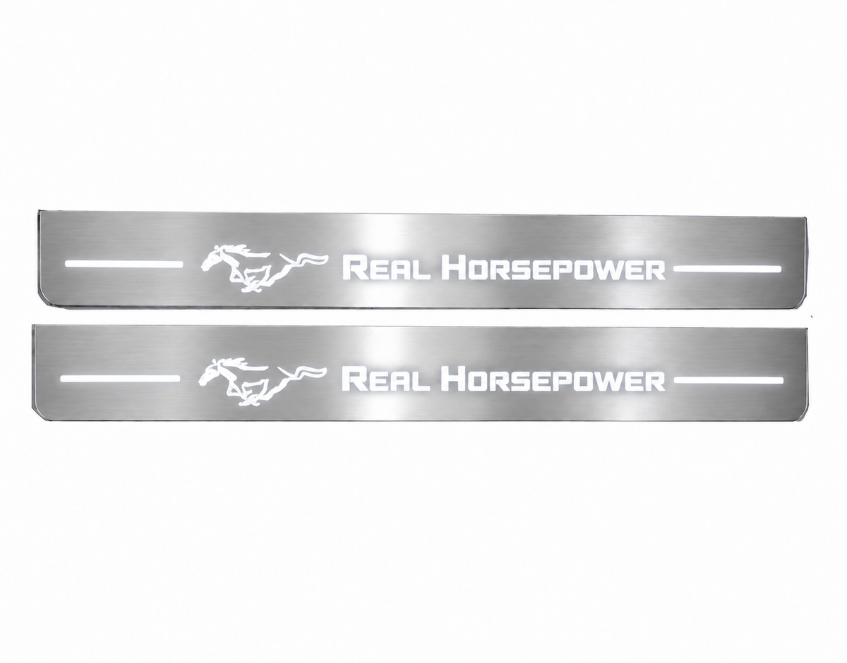 Real Horsepower and running pony design preview in white on stainless steel; Ford Mustang S650