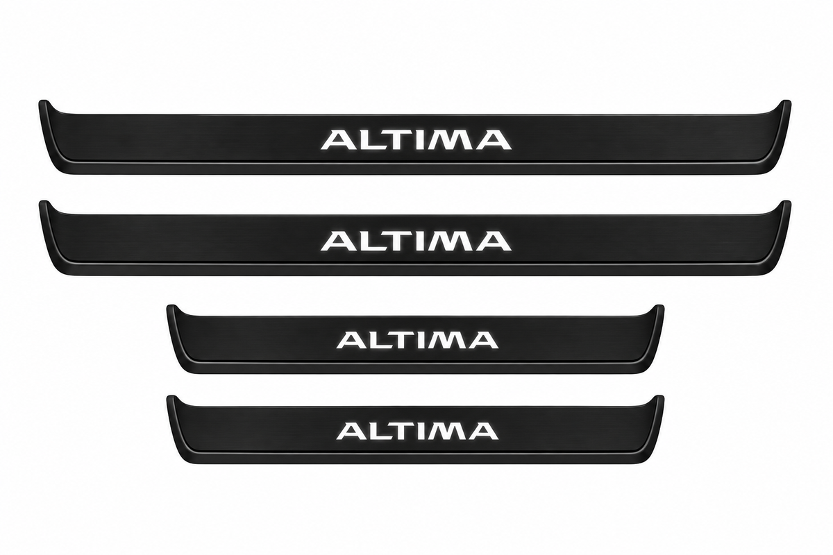 Catalogue illustration: FRONT only — two black Matte PRO front plates with ALTIMA lettering illuminated on top. Rear plates offered in FRONT+REAR are not pictured; vehicle-specific dimensions are not depicted.