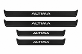 Catalogue illustration of two long black Matte PRO front sill plates and two shorter rear plates with ALTIMA lettering illuminated on top. Side edges unlit; vehicle-specific dimensions are not depicted. FRONT option includes front plates only.