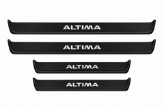 Catalogue illustration of two long black Matte PRO front sill plates and two shorter rear plates with ALTIMA lettering illuminated on top. Side edges unlit; vehicle-specific dimensions are not depicted. FRONT option includes front plates only.