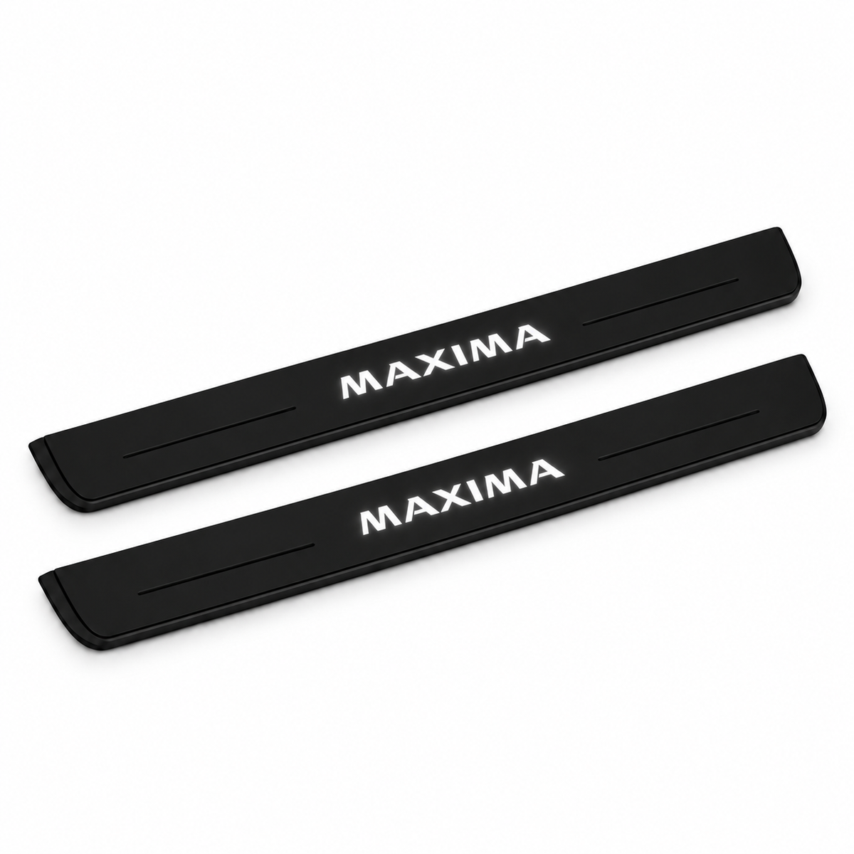 Catalogue illustration of two black Matte PRO front door sill plates with illuminated MAXIMA lettering on the top surface. Edges are unlit; rear plates for FRONT+REAR are not pictured. Final dimensions are selected for Nissan Maxima Sedan A36 during manufacture.