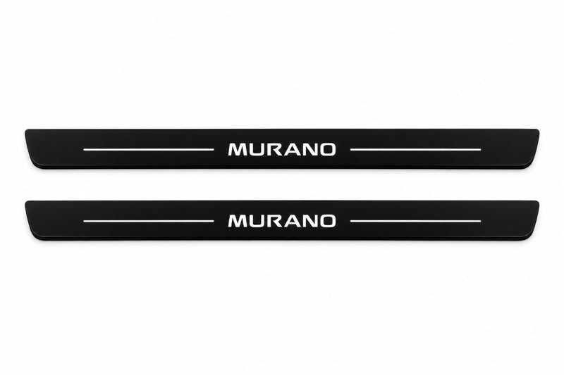 Catalogue illustration of two front black Matte PRO LED door sill plates with illuminated Murano lettering for Nissan Murano Z51; dimensions are selected during manufacture.