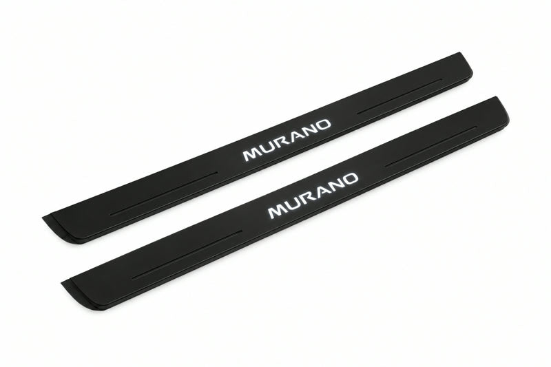Catalogue illustration of two front black Matte PRO LED door sill plates with illuminated Murano lettering for Nissan Murano Z52; dimensions are selected during manufacture.