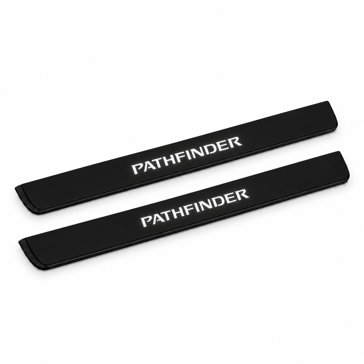 Catalogue illustration of two black Matte PRO front door sill plates with illuminated PATHFINDER lettering on the top surface. Edges are unlit; rear plates for FRONT+REAR are not pictured. Final dimensions are selected for Nissan Pathfinder R52 during manufacture.