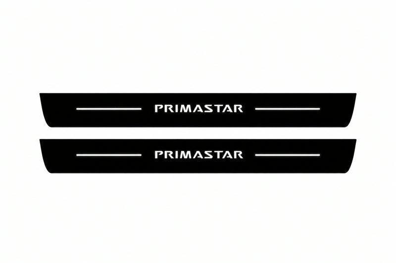 Catalogue illustration of two front black Matte PRO LED door sill plates with illuminated Primastar lettering for Nissan Primastar; dimensions are selected during manufacture.