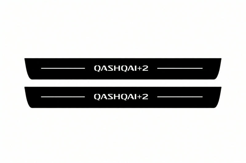 Catalogue illustration of two front black Matte PRO LED door sill plates with illuminated Qashqai +2 lettering for Nissan Qashqai I J10; dimensions are selected during manufacture.