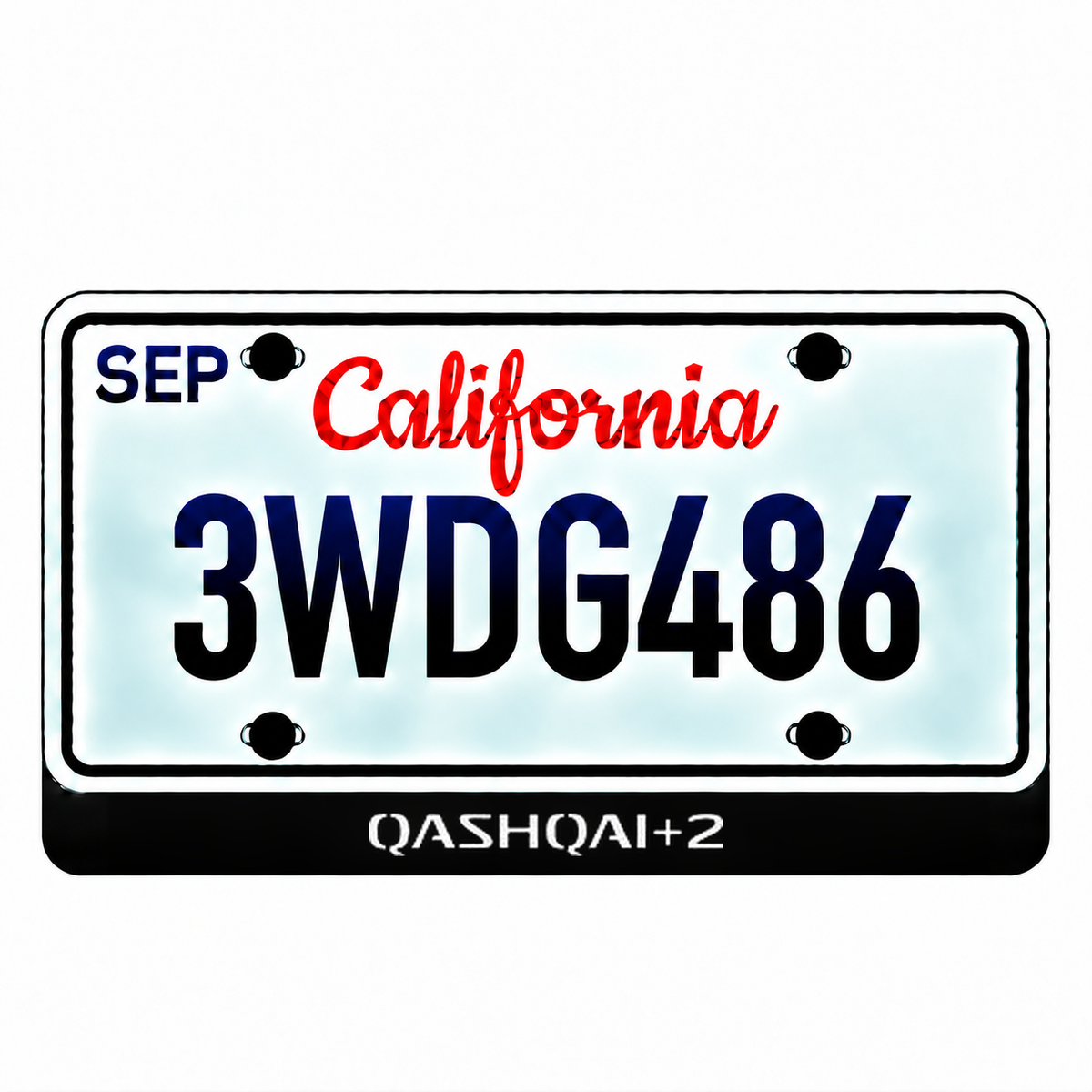 Nissan Qashqai +2 illuminated LED license plate badge with the shown artwork below an illustrative US plate; plate not included