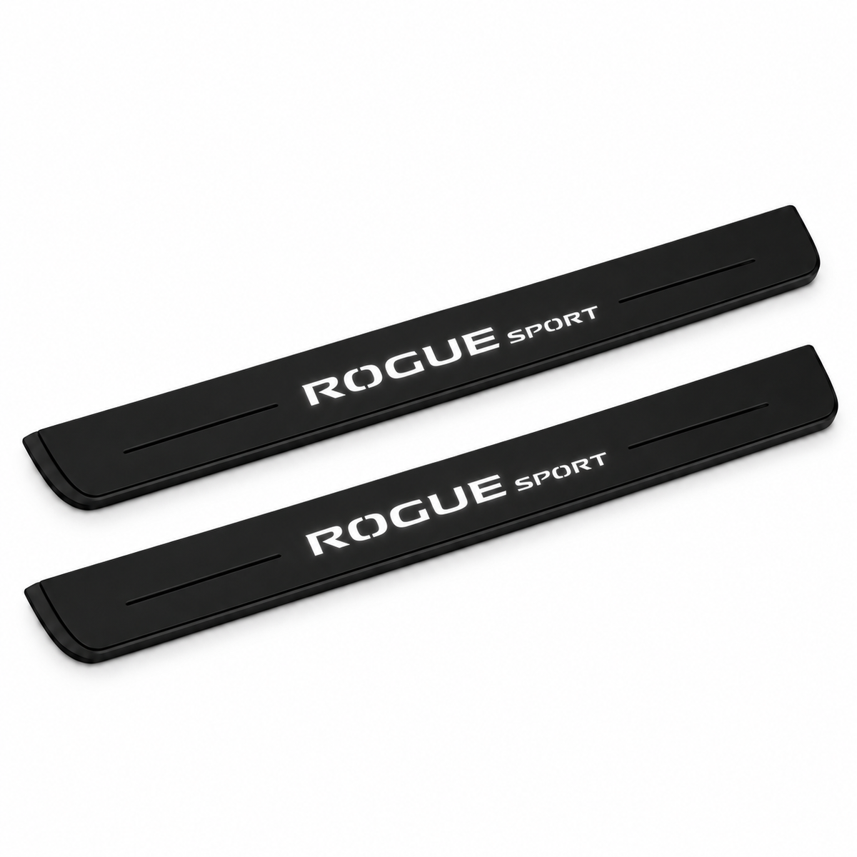 Catalogue illustration of two black Matte PRO front door sill plates with illuminated ROGUE SPORT lettering on the top surface. Edges are unlit; rear plates for FRONT+REAR are not pictured. Final dimensions are selected for Nissan Rogue Sport J11 during manufacture.