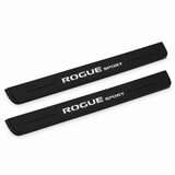 Catalogue illustration of two black Matte PRO front door sill plates with illuminated ROGUE SPORT lettering on the top surface. Edges are unlit; rear plates for FRONT+REAR are not pictured. Final dimensions are selected for Nissan Rogue Sport J11 during manufacture.