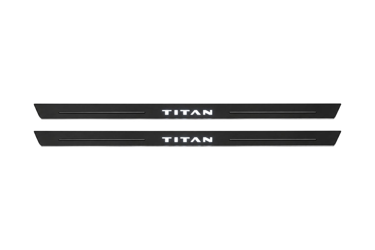 Catalogue illustration of two front black Matte PRO LED door sill plates with illuminated Titan lettering for Nissan Titan A61; dimensions are selected during manufacture.