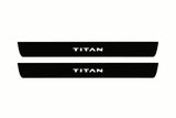 Catalogue illustration of two front black Matte PRO LED door sill plates with illuminated Titan lettering for Nissan Titan A61; dimensions are selected during manufacture.