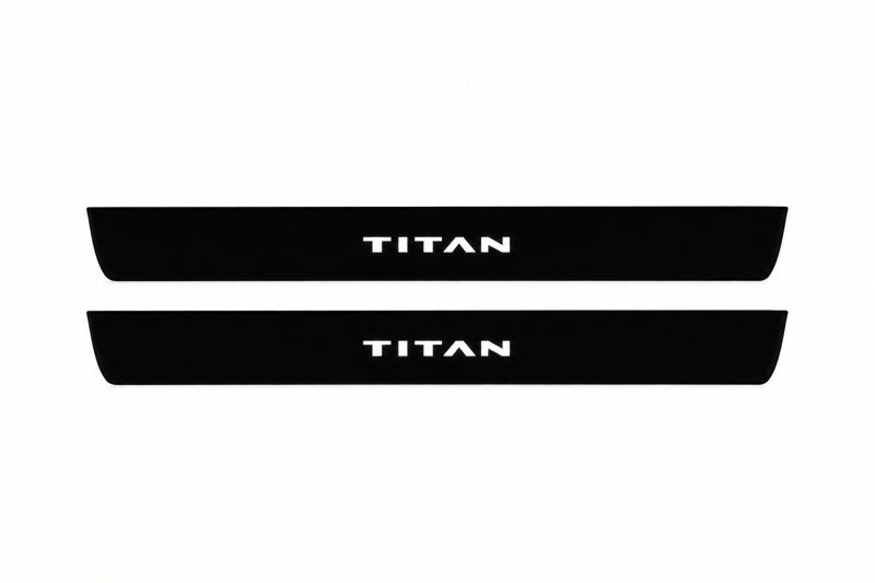 Catalogue illustration of two front black Matte PRO LED door sill plates with illuminated Titan lettering for Nissan Titan A61; dimensions are selected during manufacture.