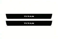 Catalogue illustration of two front black Matte PRO LED door sill plates with illuminated Titan lettering for Nissan Titan A61; dimensions are selected during manufacture.