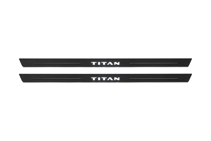 Catalogue illustration of two front black Matte PRO LED door sill plates with illuminated Titan lettering for Nissan Titan A61; dimensions are selected during manufacture.
