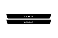Catalog illustration of two black front door sill plates with Lexus lettering.