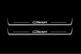Two long door sill plates with Charger lettering and edges illuminated in white, straight-on view on a dark background.