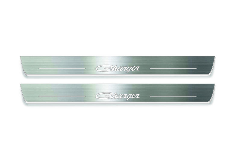 Two long silver-finished door sill plates with Charger lettering on a light background, straight-on view.