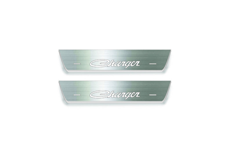 Two short silver-finished door sill plates with Charger lettering on a light background, straight-on view.
