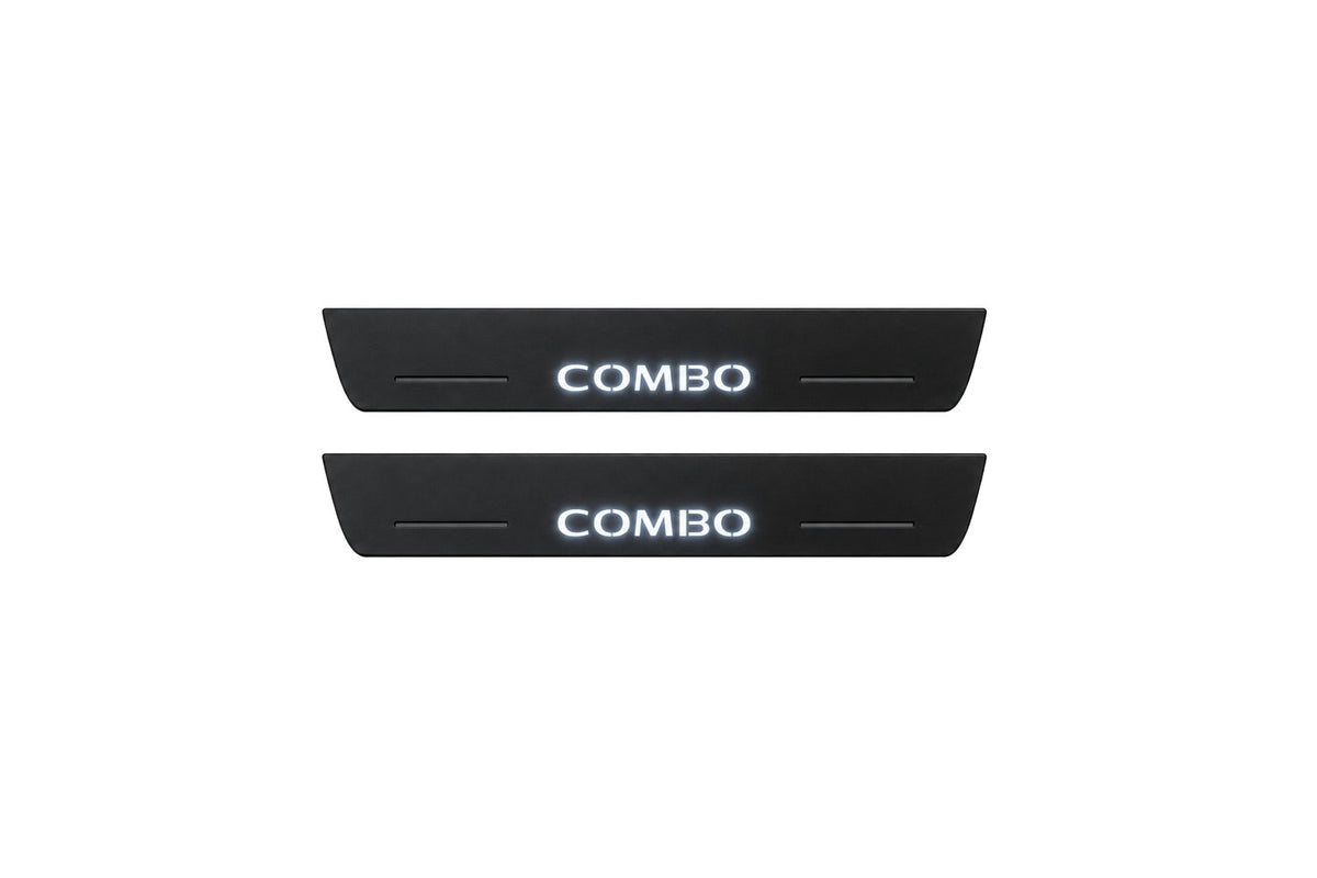 Catalogue illustration of two front black Matte PRO LED door sill plates with illuminated Combo lettering for Opel Combo E; dimensions are selected during manufacture.