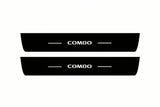 Catalogue illustration of two front black Matte PRO LED door sill plates with illuminated Combo lettering for Opel Combo E; dimensions are selected during manufacture.