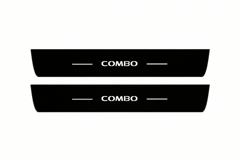 Catalogue illustration of two front black Matte PRO LED door sill plates with illuminated Combo lettering for Opel Combo E; dimensions are selected during manufacture.