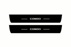 Catalogue illustration of two front black Matte PRO LED door sill plates with illuminated Combo lettering for Opel Combo E; dimensions are selected during manufacture.