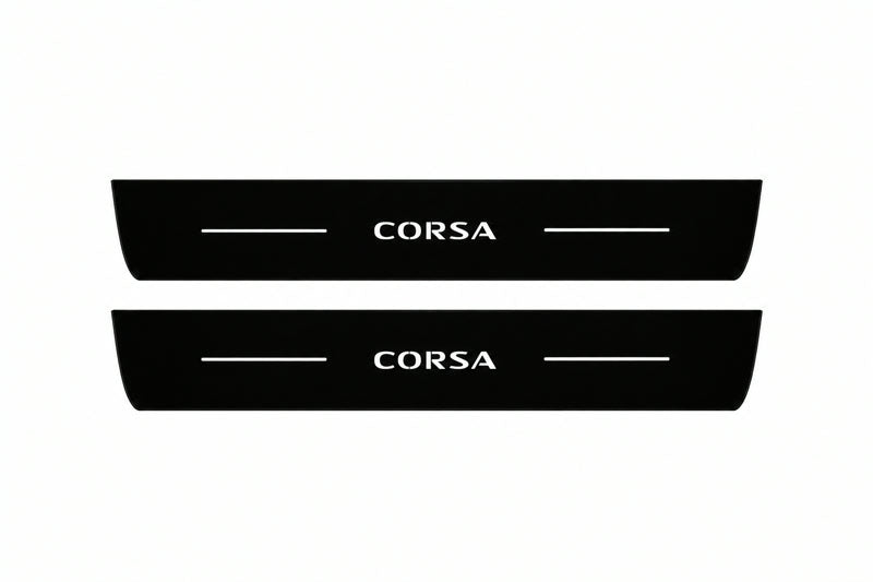 Catalogue illustration of two front black Matte PRO LED door sill plates with illuminated Corsa lettering for Opel Corsa E 5-door Hatchback X15; dimensions are selected during manufacture.